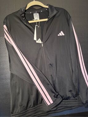 ADIDAS Black Track Jacket with Light Pink Stripes 2XL
